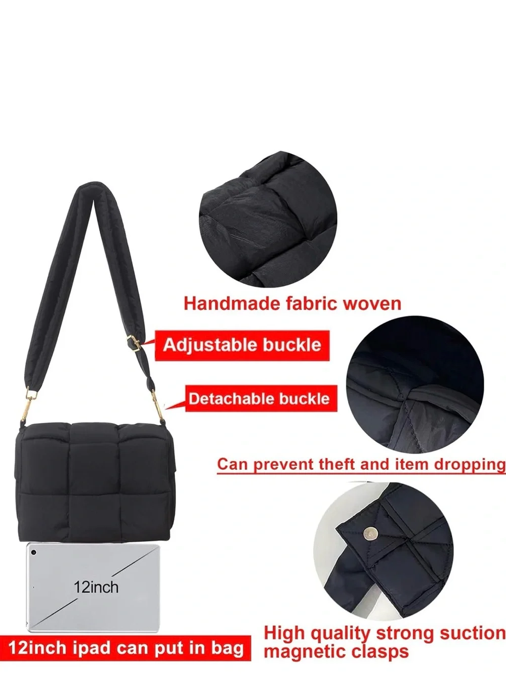 Quilted Puffer Crossbody Bag in Black - Picture 3 of 4